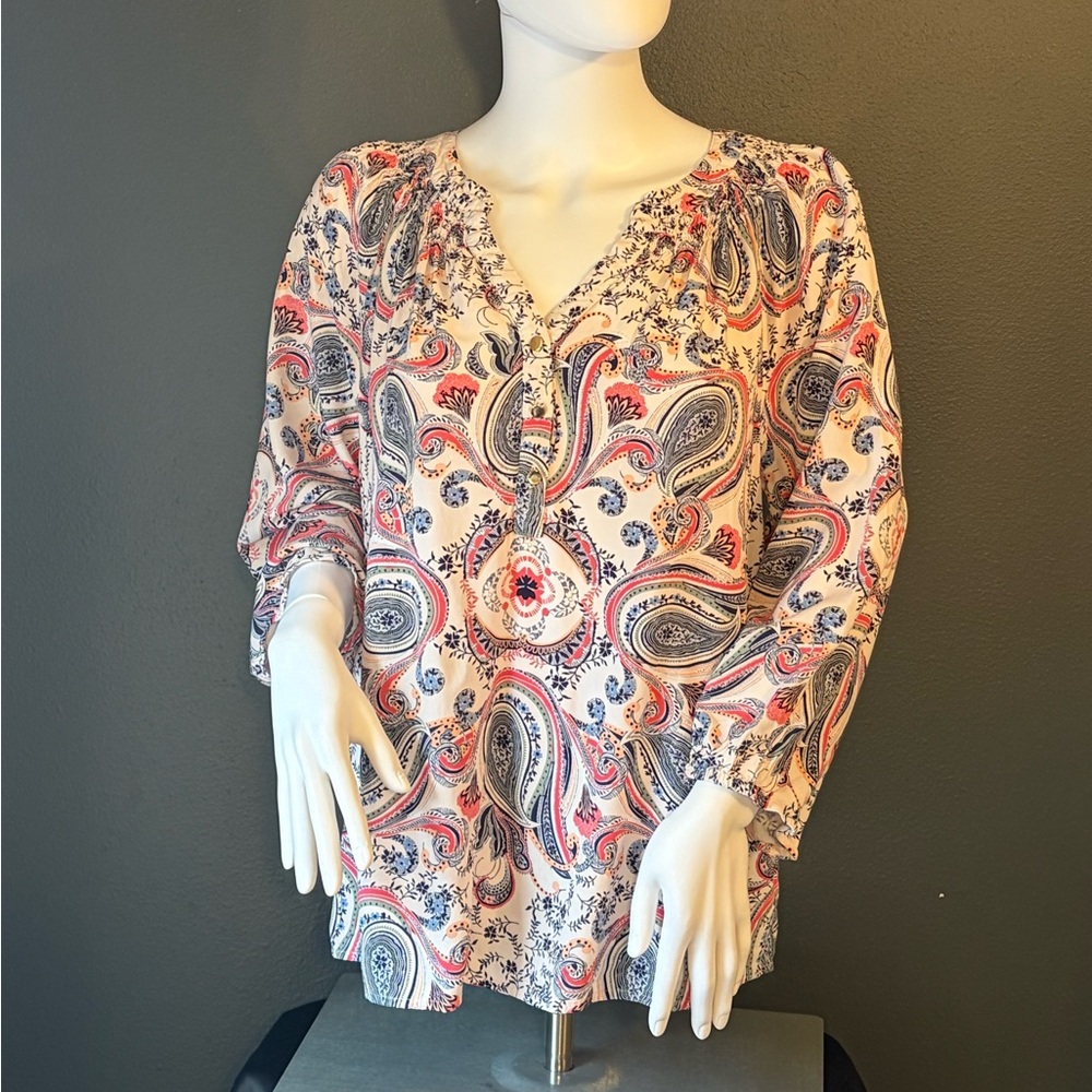 Charter Club Multicolor Paisley Blouse Pleated Bodice Front Button Up